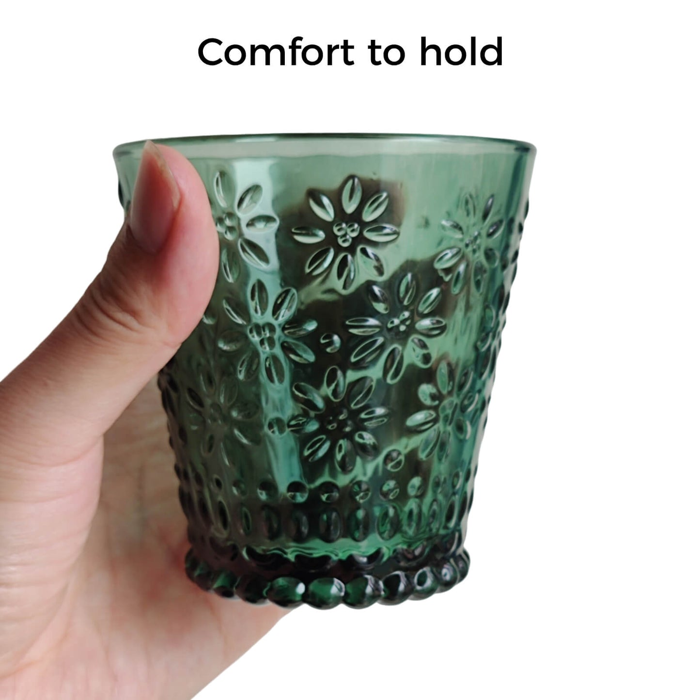 Embossed Glassware - Set of 6 Dishwasher Safe Stackable Glass Cups, Vintage Green Daisy Pattern, Heavy Duty, 7oz Capacity